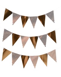 Rows of triangular bunting flags on white background. Festive decor