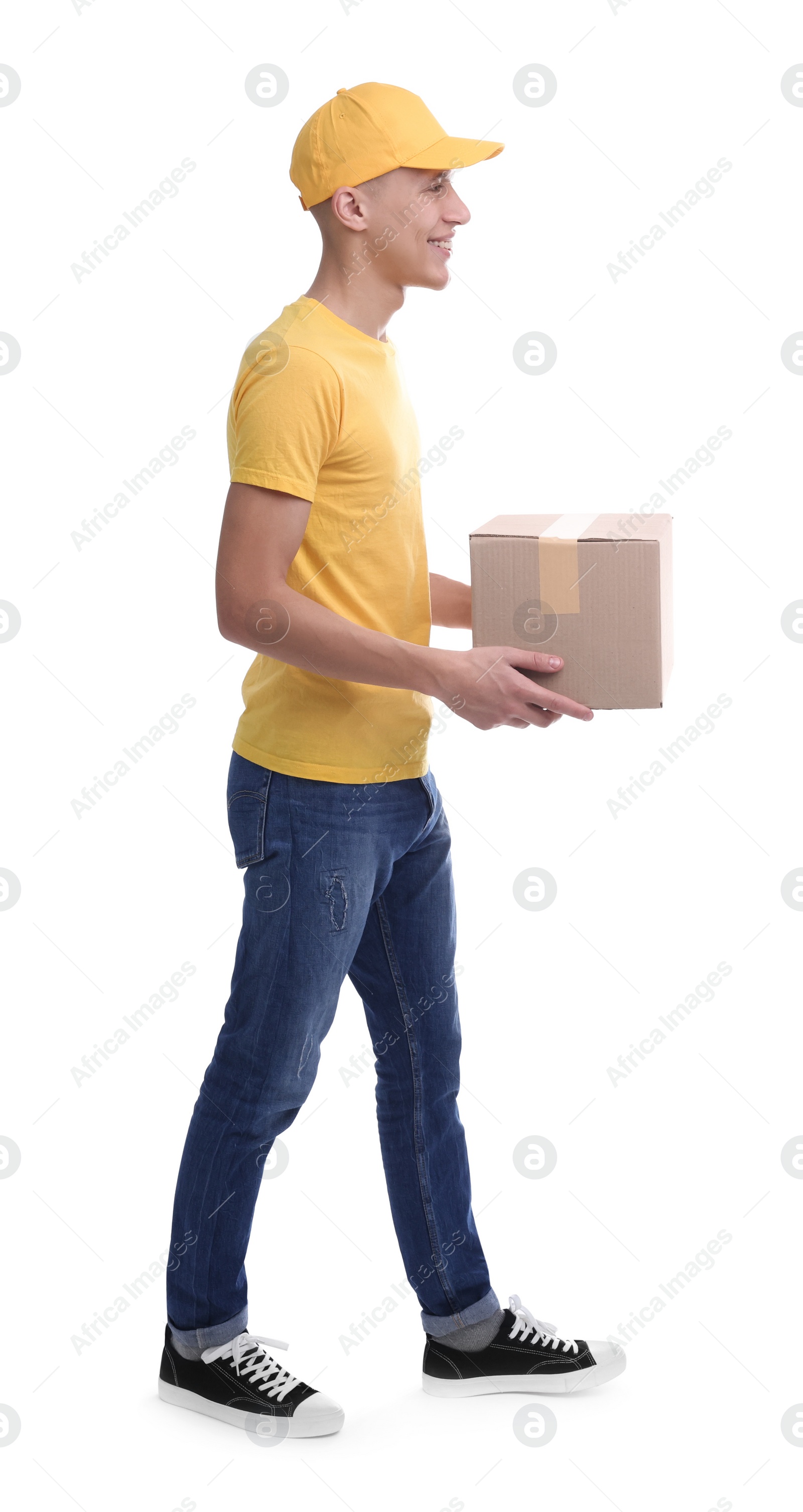 Photo of Happy courier with parcel on white background