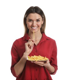 Young woman with French fries on white background