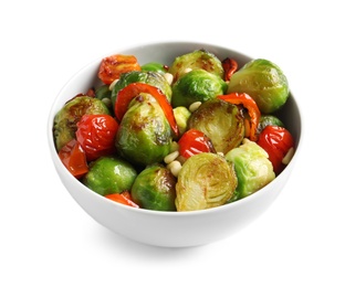 Photo of Bowl of salad with Brussels sprouts isolated on white