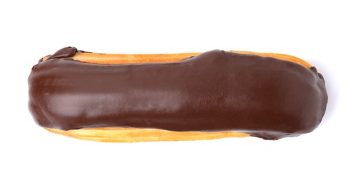 Delicious eclair covered with chocolate isolated on white, top view