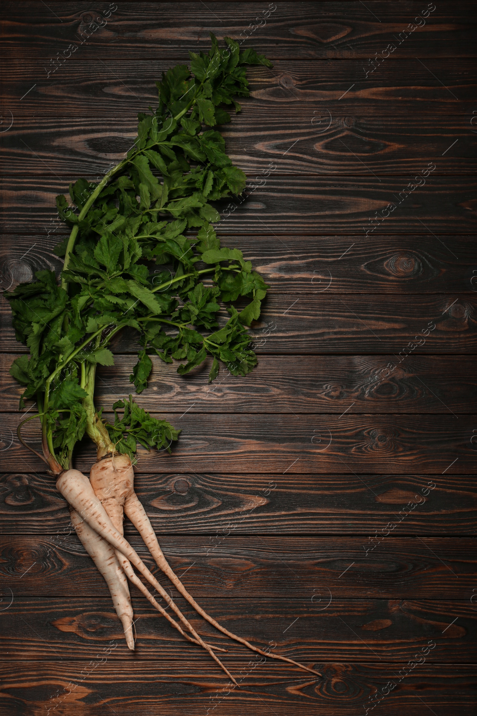 Photo of Tasty fresh ripe parsnips on wooden table, flat lay