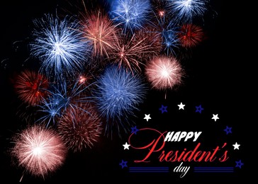 Image of Happy President's Day - federal holiday. Beautiful bright fireworks lighting up night sky