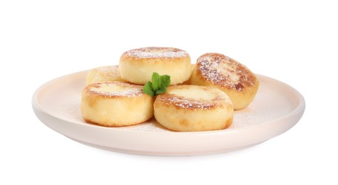 Photo of Delicious cottage cheese pancakes with mint and icing sugar isolated on white