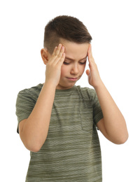 Photo of Portrait of preteen boy with headache on white background