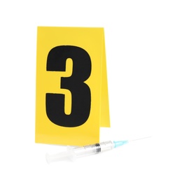 Photo of Syringe and crime scene marker with number three isolated on white