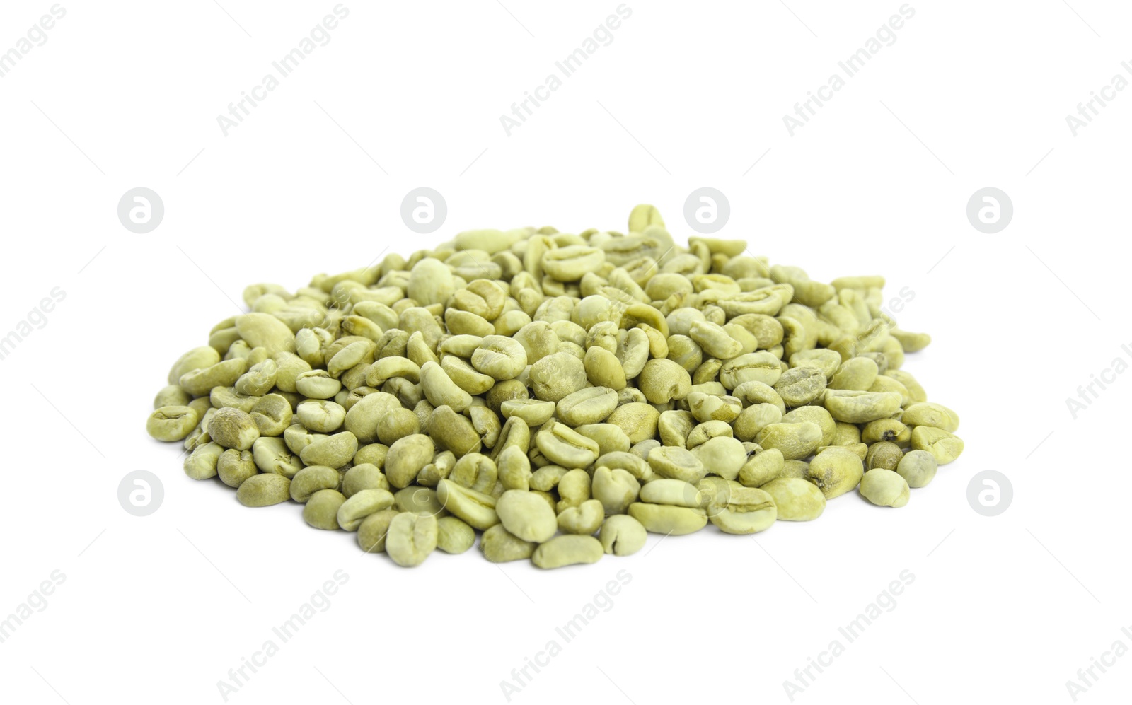 Photo of Pile of green coffee beans on white background