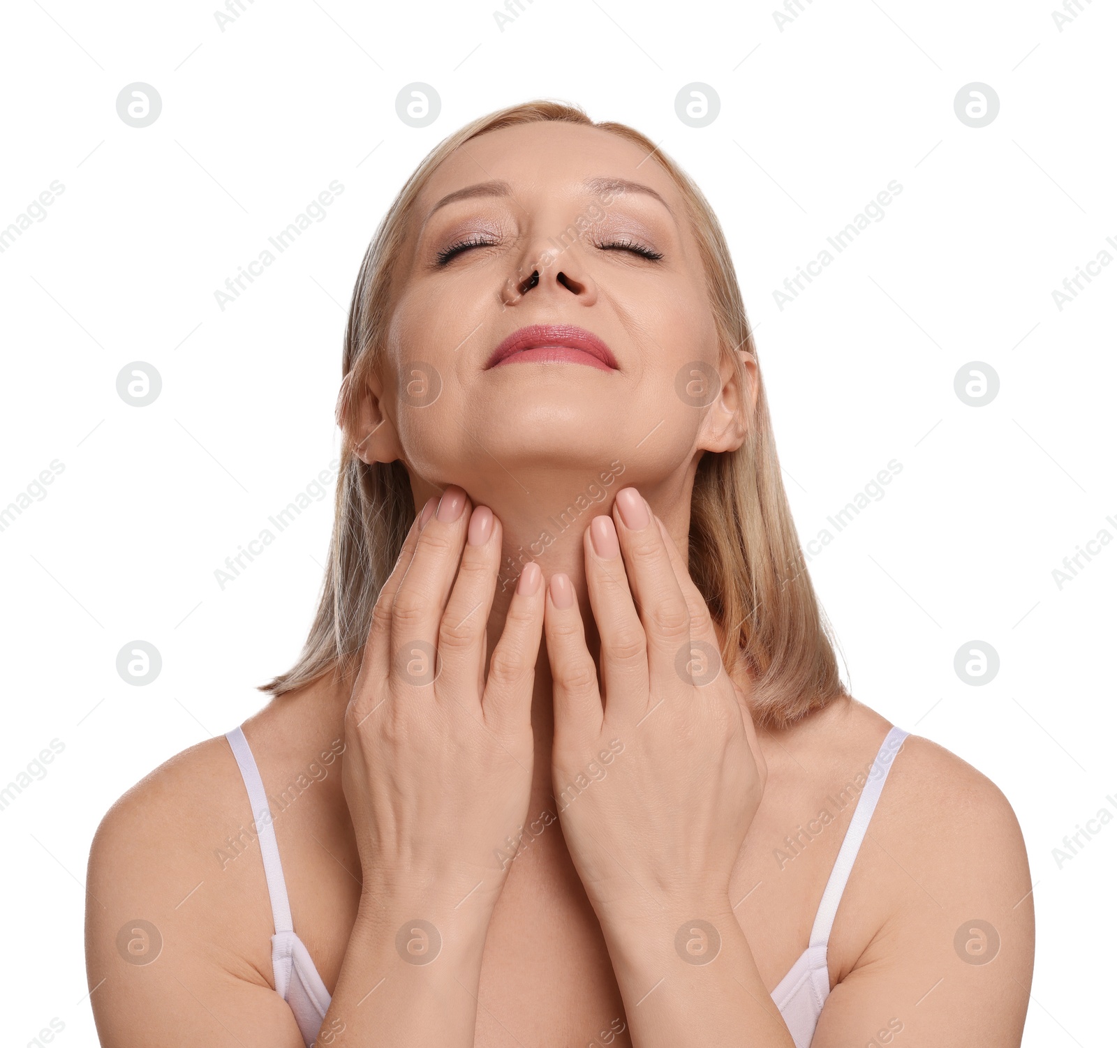 Photo of Beautiful woman touching her neck on white background