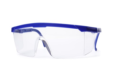 Photo of Protective goggles on white background. Construction tool