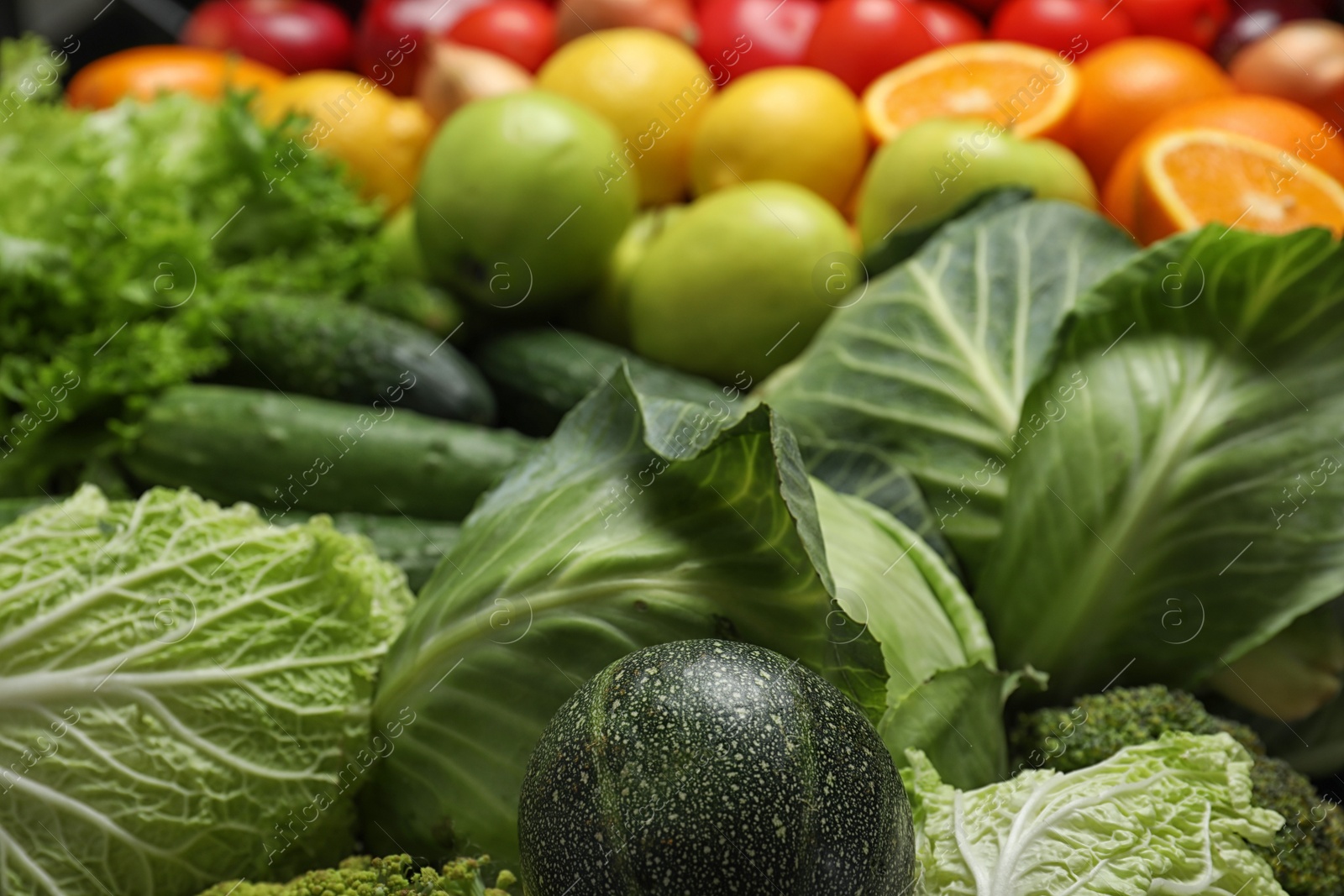 Photo of Colorful ripe fruits and vegetables as background, closeup