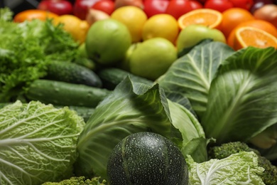 Colorful ripe fruits and vegetables as background, closeup