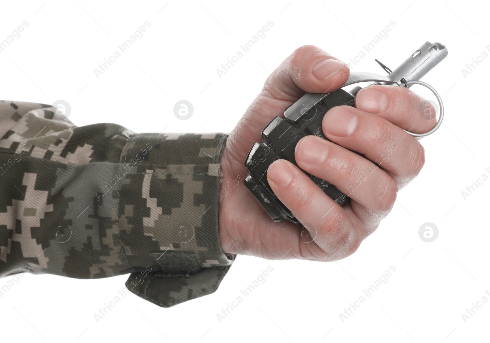 Photo of Soldier holding hand grenade on white background, closeup. Military service