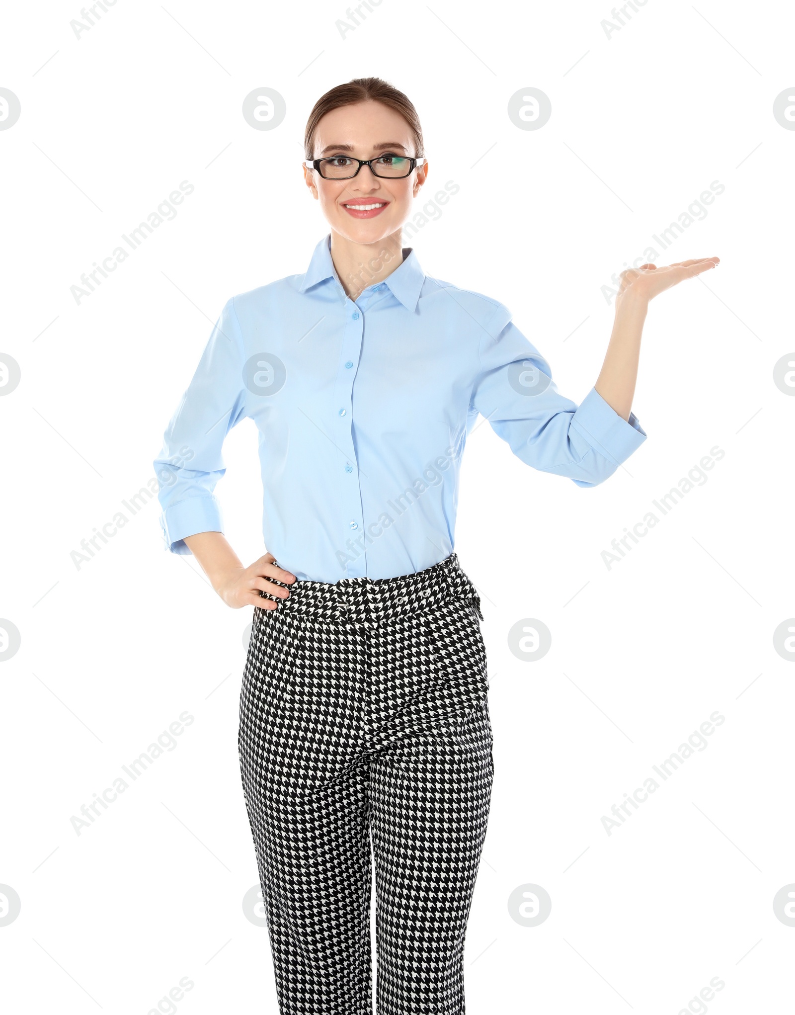Photo of Portrait of young female teacher on white background