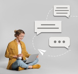 Image of Dialogue. Woman with laptop on grey background. Speech bubbles and paper plane illustration near her
