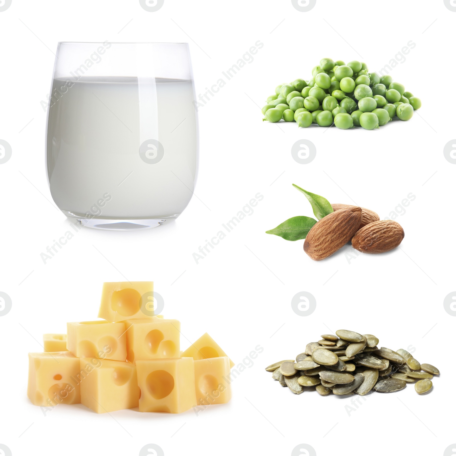 Image of Set with food rich in protein on white background