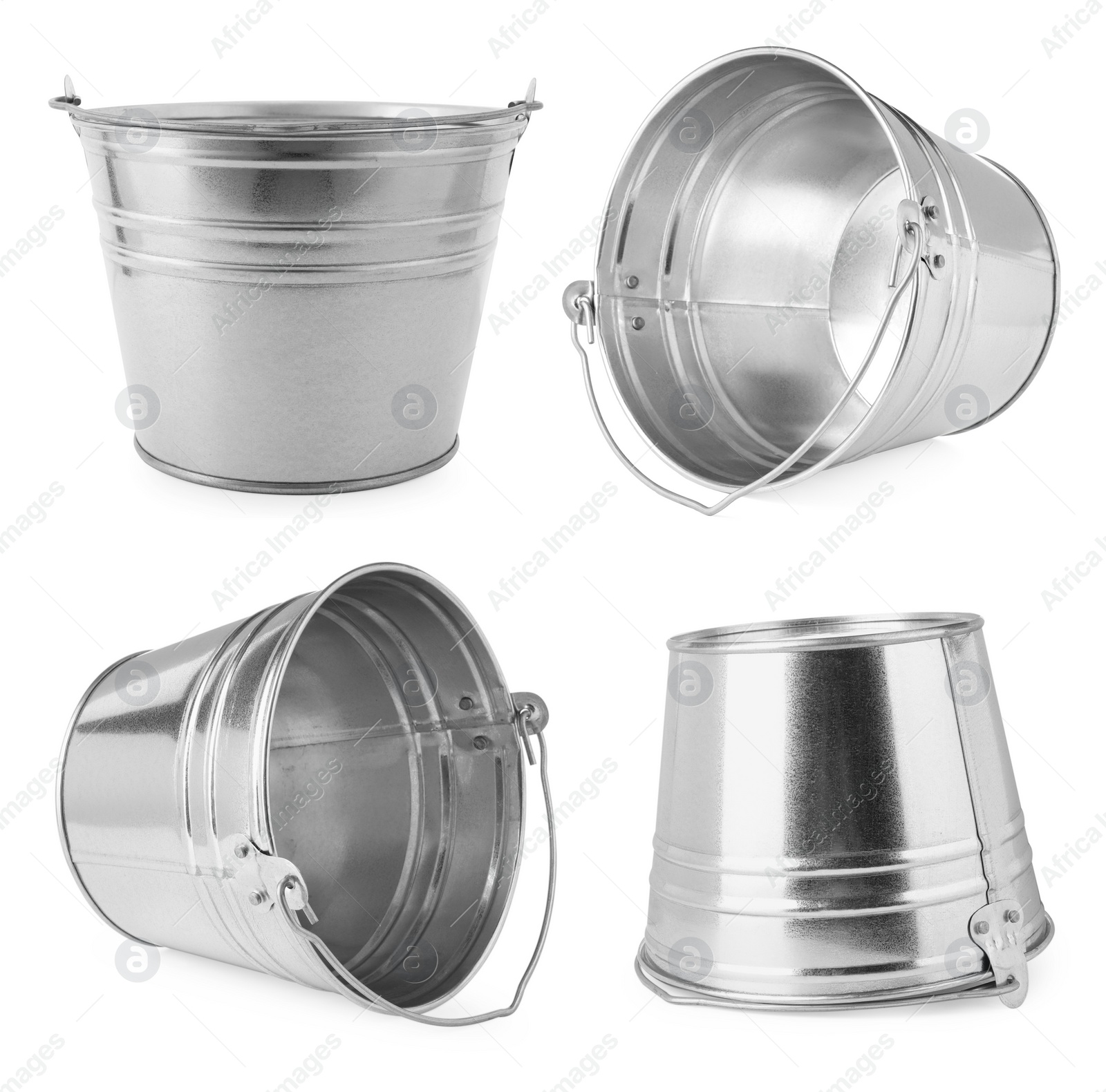 Image of Shiny metal buckets isolated on white, set