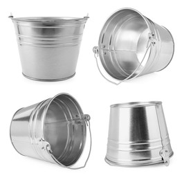 Image of Shiny metal buckets isolated on white, set