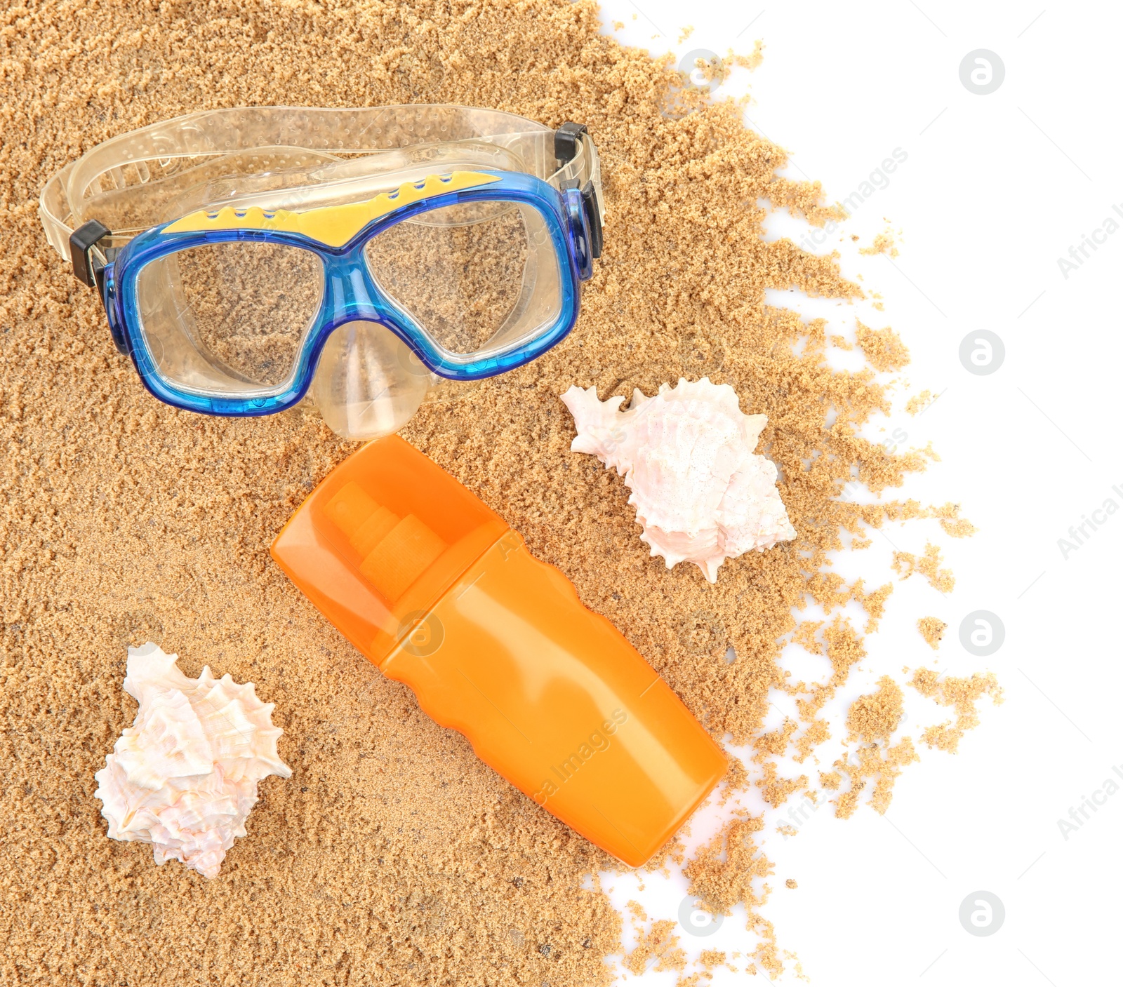 Photo of Composition with beach objects on white background, top view