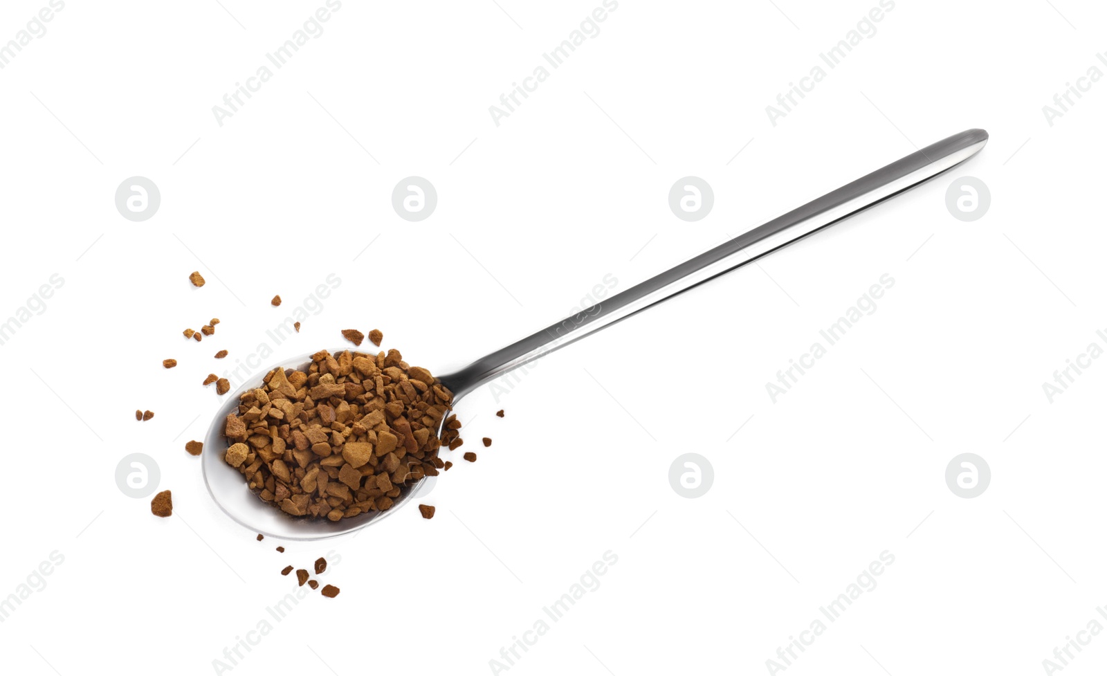 Photo of Spoon with aromatic instant coffee isolated on white