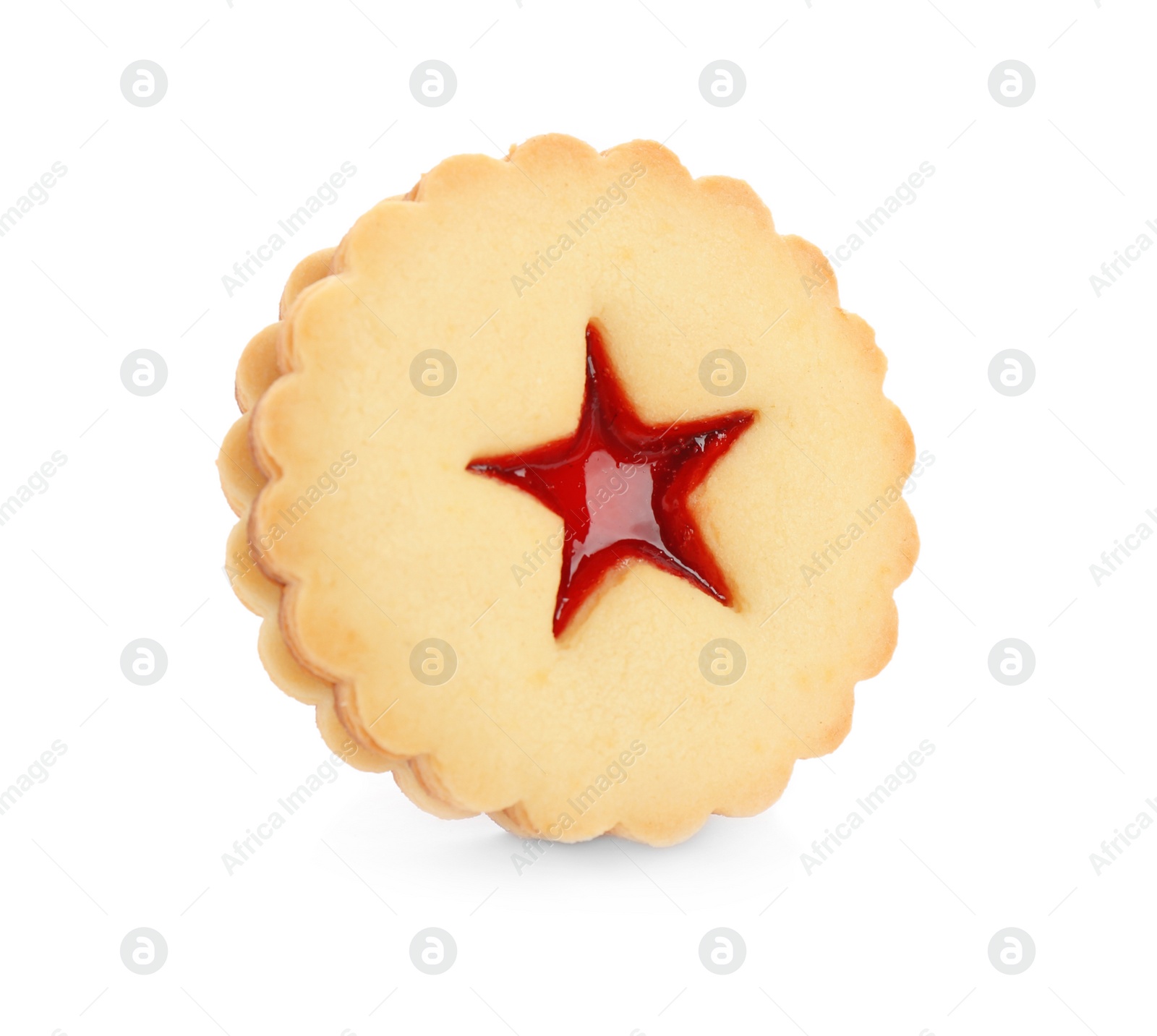 Photo of Traditional Christmas Linzer cookie with sweet jam on white background