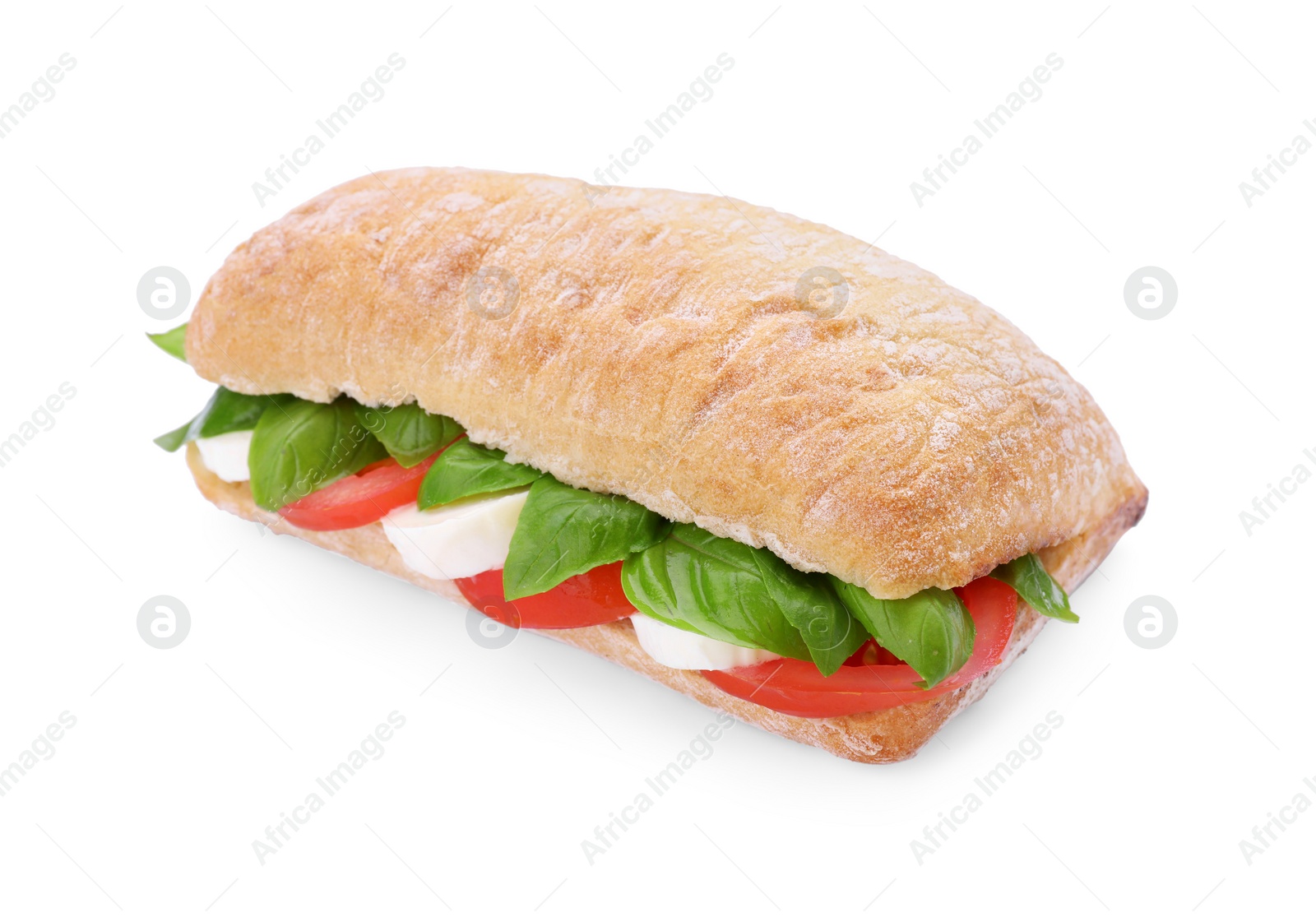 Photo of Delicious Caprese sandwich with mozzarella, tomatoes and basil isolated on white