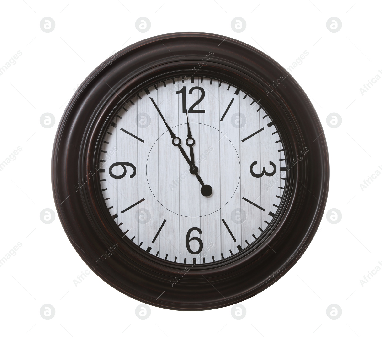 Photo of Stylish wall clock showing five minutes until midnight on white background. New Year countdown