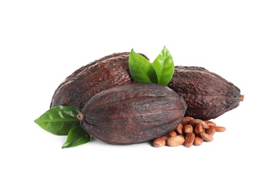 Photo of Cocoa pods, leaves and beans on white background