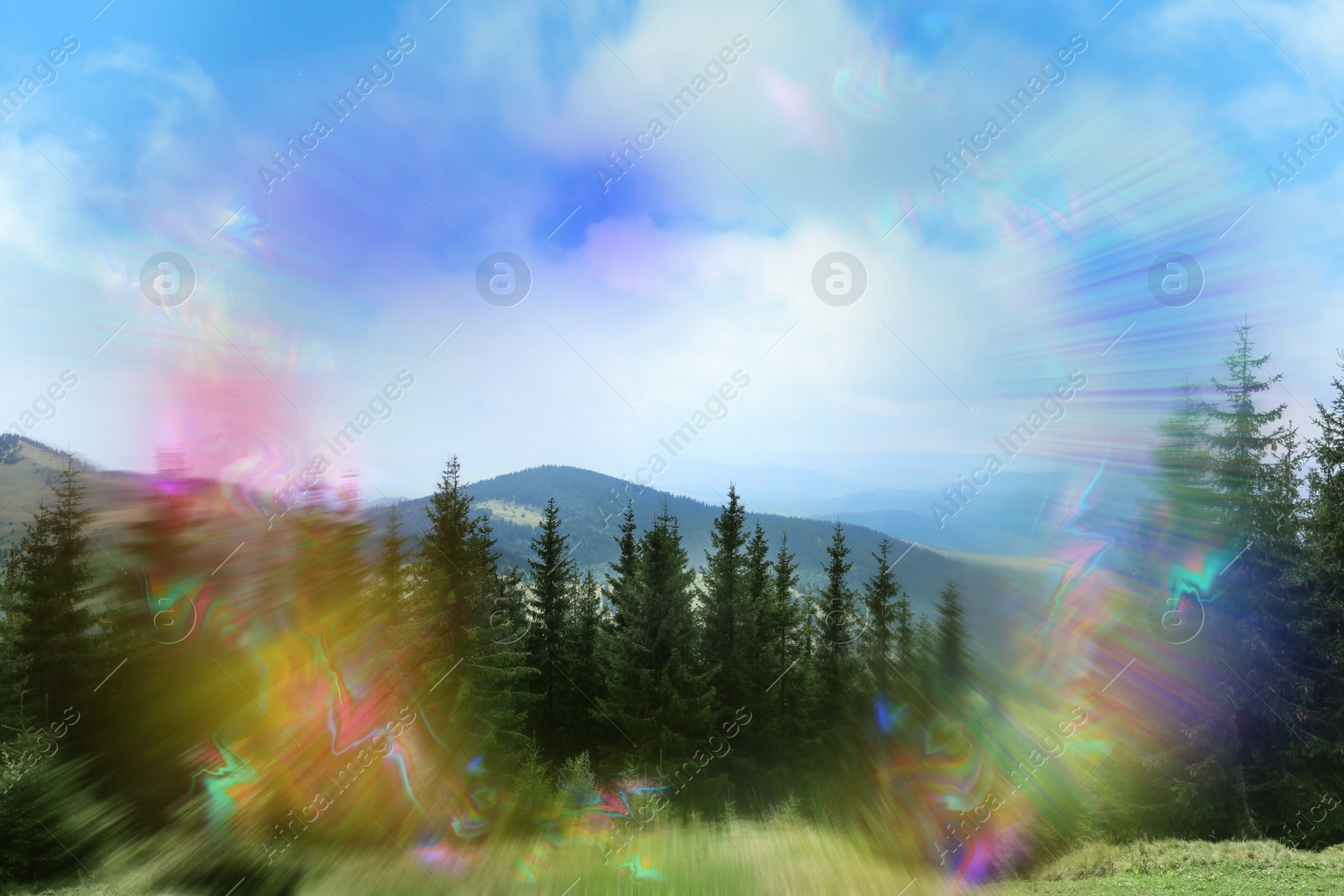 Image of View of mountain forest and flashing lights effect. Migraine aura, symptom of disease