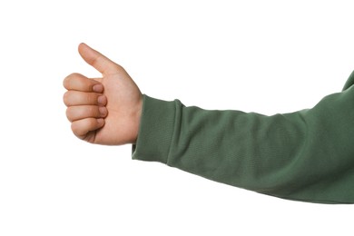 Photo of Man showing thumb up on white background, closeup of hand. Hitchhiking gesture