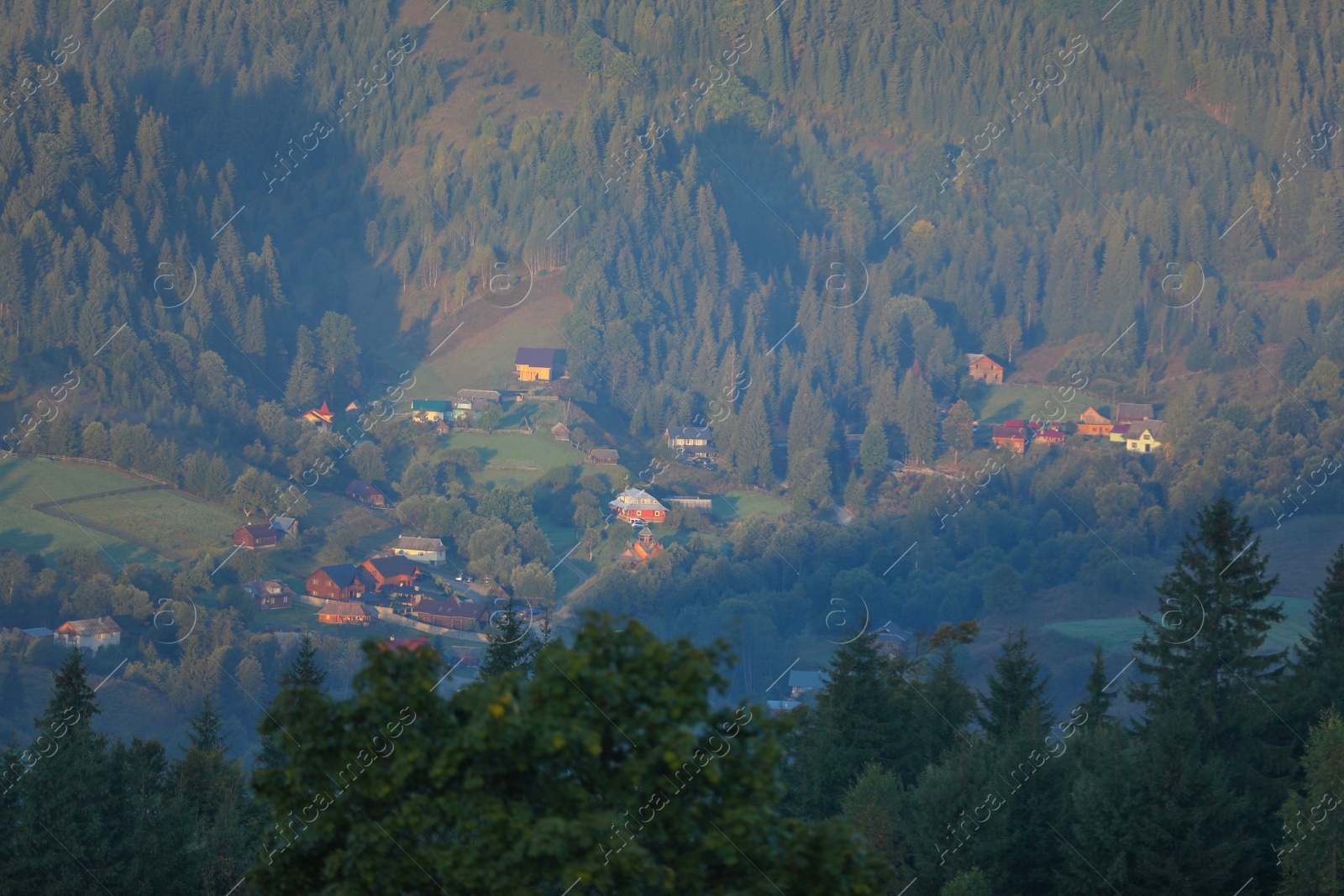 Photo of Beautiful view of forest and village in valley on sunny day