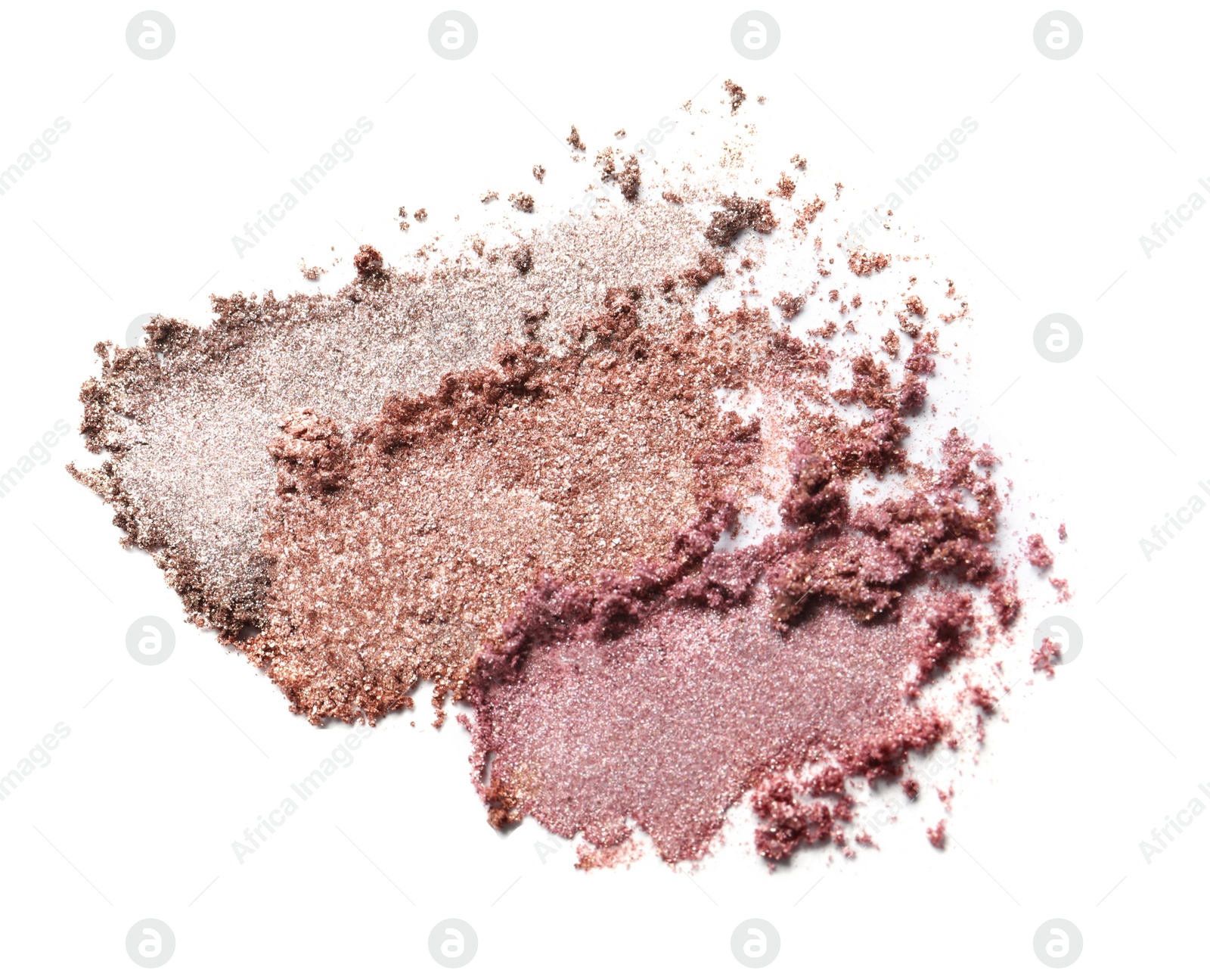 Photo of Crushed eye shadows on white background, top view. Professional makeup product