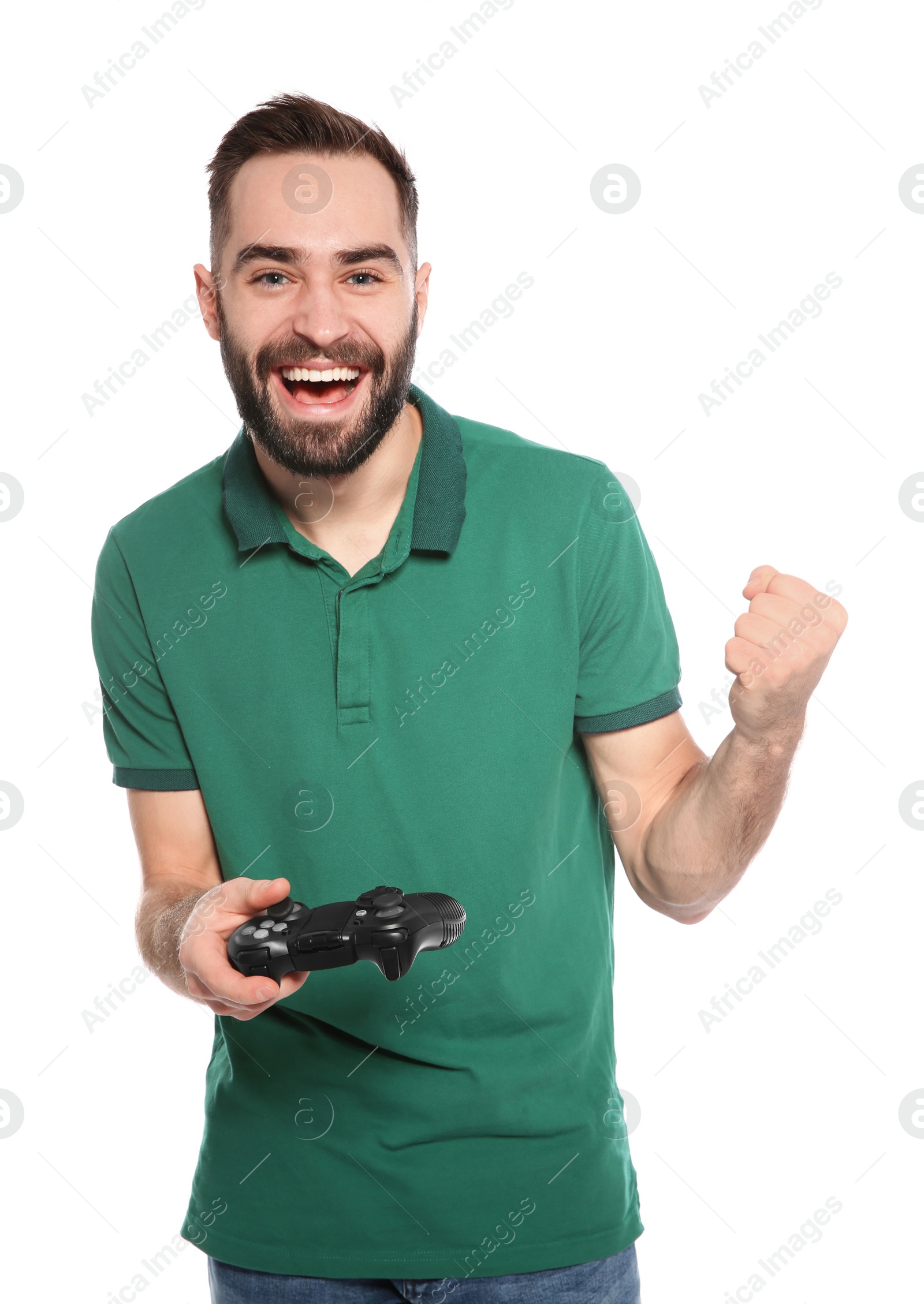 Photo of Emotional young man playing video games with controller isolated on white