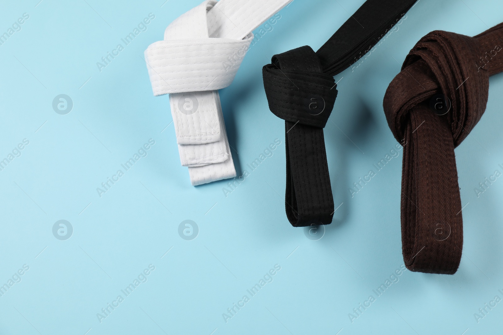 Photo of Karate belts on light blue background, flat lay. Space for text