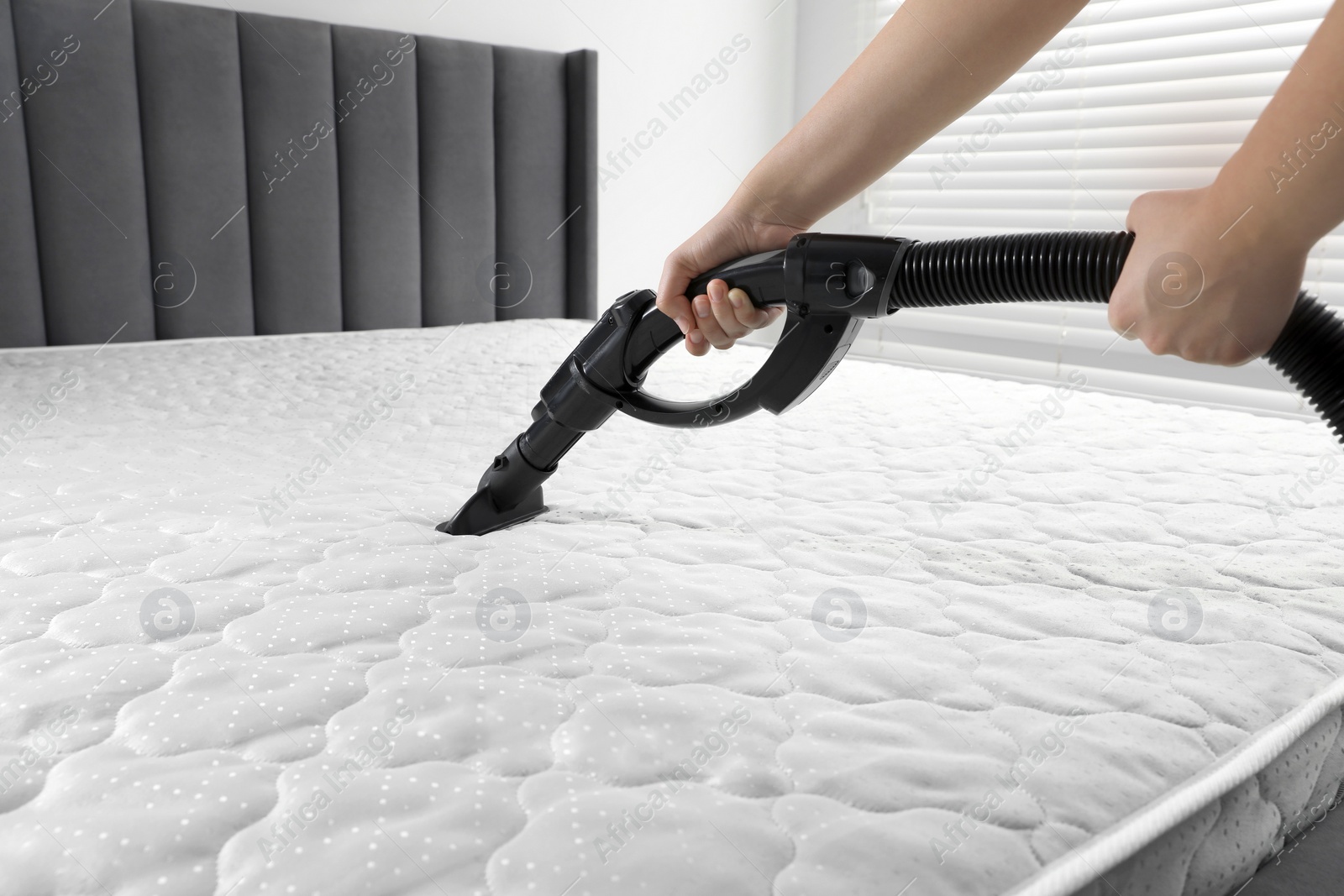 Photo of Woman disinfecting mattress with vacuum cleaner indoors, closeup