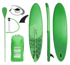 SUP board and different equipment for stand up paddle boarding isolated on white, set