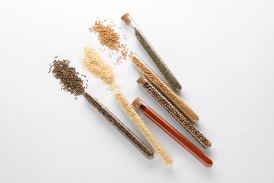 Photo of Glass tubes with different spices on white background, flat lay
