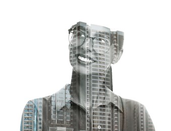 Double exposure of businesswoman and office building