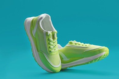 Photo of Pair of stylish green sneakers levitating on teal background