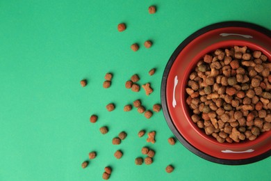 Dry pet food in feeding bowl on green background, flat lay. Space for text