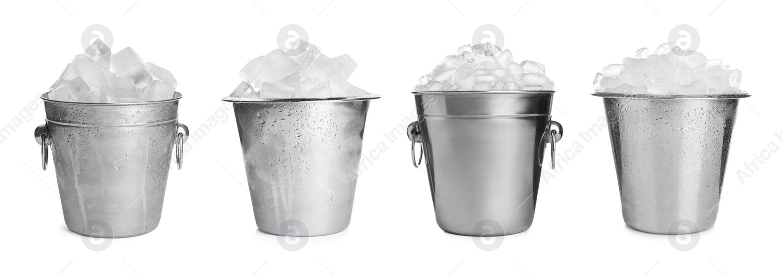 Image of Set of different metal buckets with ice cubes on white background, banner design 