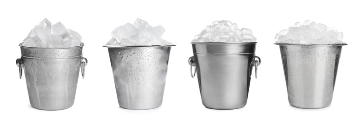 Image of Set of different metal buckets with ice cubes on white background, banner design 