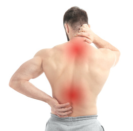 Man suffering from pain in neck and back on white background