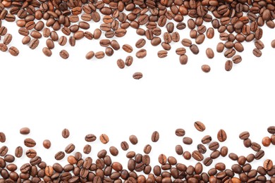 Photo of Many roasted coffee beans isolated on white , top view