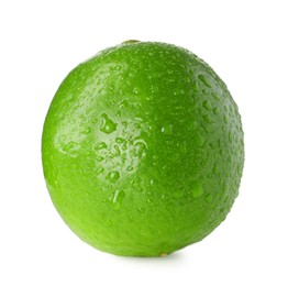 Fresh green ripe lime with water drops isolated on white