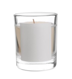 Photo of Aromatic candle in glass holder isolated on white