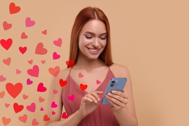 Long distance love. Woman chatting with sweetheart via smartphone on dark beige background. Hearts flying out of device