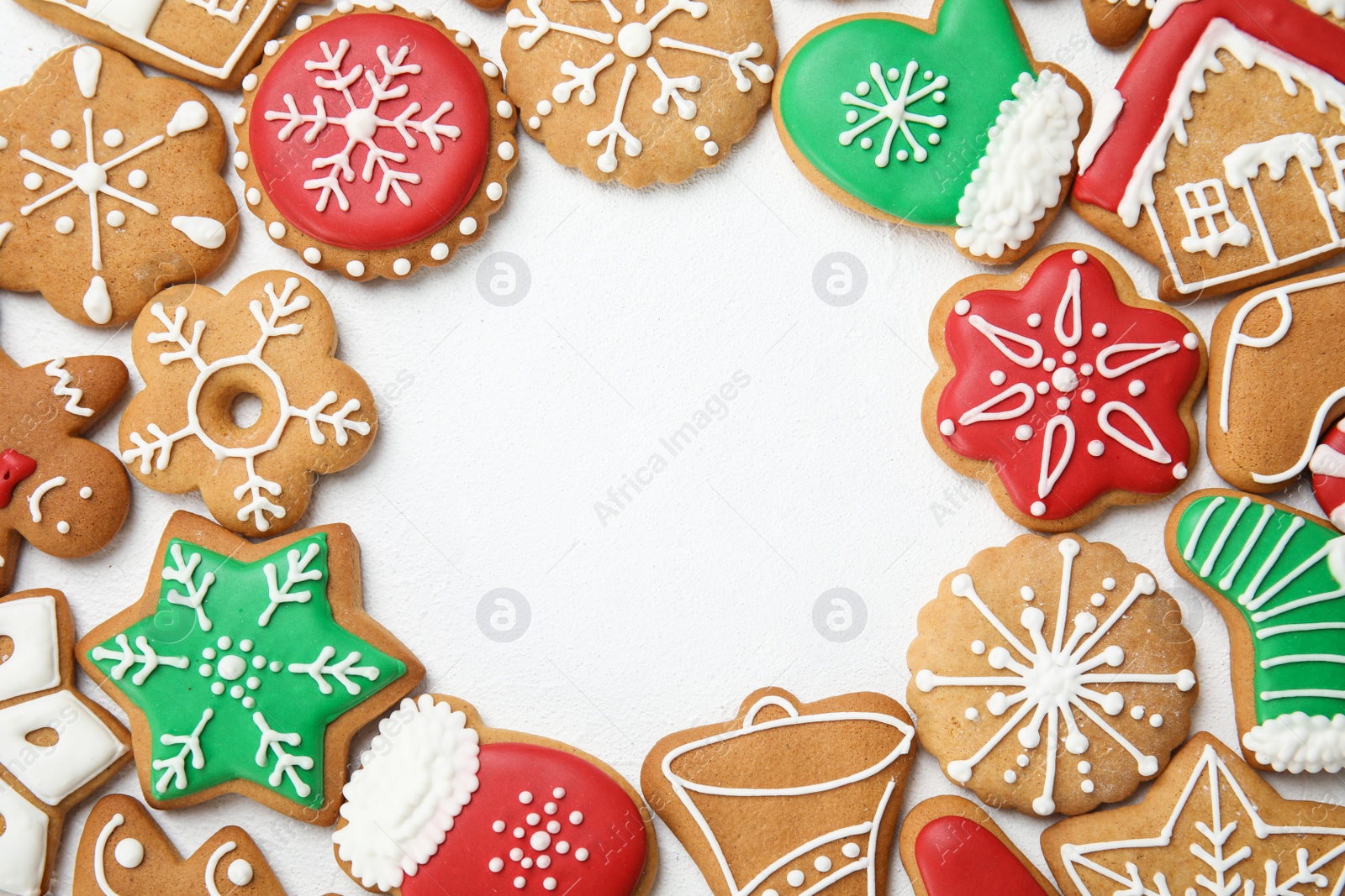 Photo of Tasty homemade Christmas cookies on table, top view