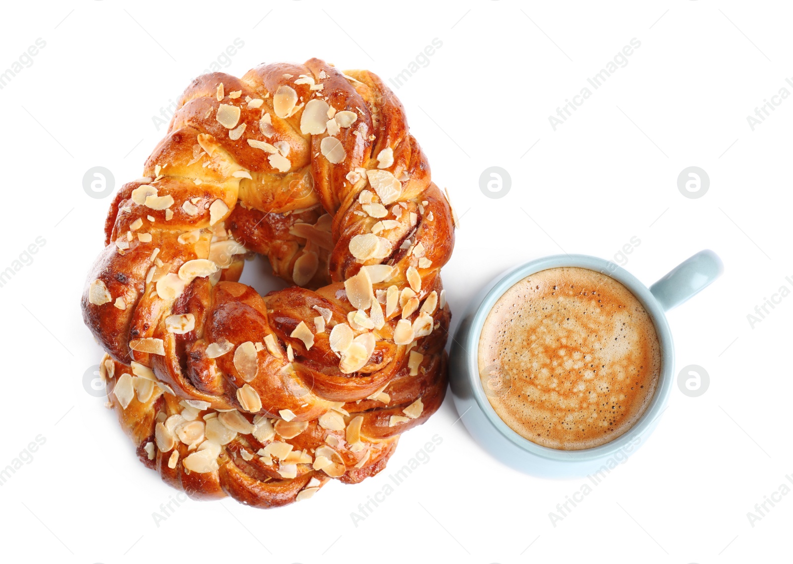 Photo of Delicious pastries and coffee on white background, top view