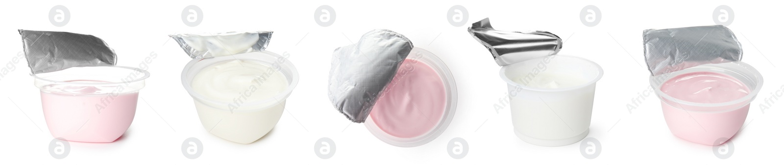 Image of Set with tasty yogurts on white background. Banner design