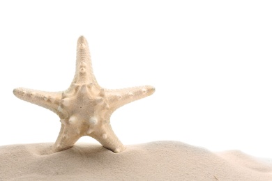 Photo of Pile of beach sand with sea star isolated on white